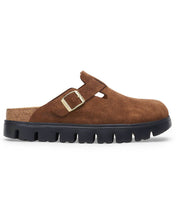 Unisex Boston Chunky Suede Leather Narrow Fit Clogs In Dark Tea Black