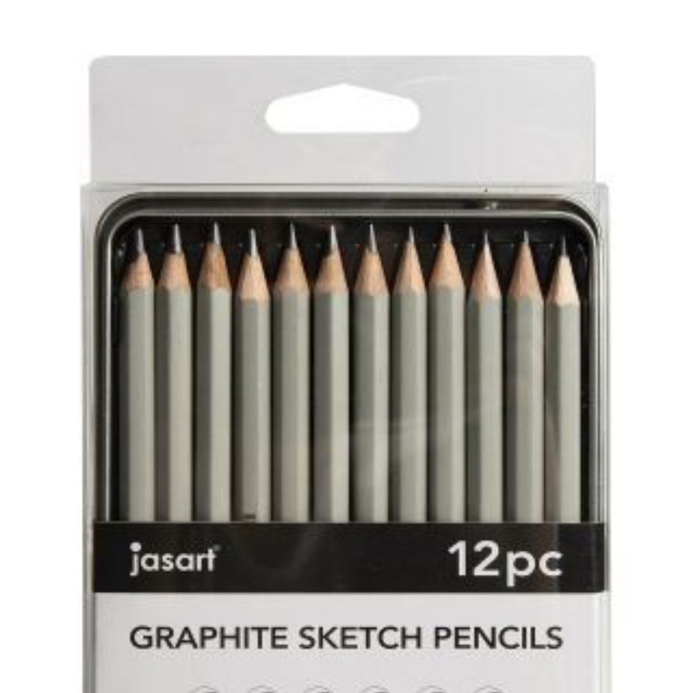 12pc Jasart Studio Graphite Sketch Pencil Tin Set - Grey