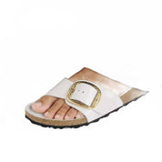 Women's Madrid Hammered Big Buckle Narrow Sandal In High Shine Antique White