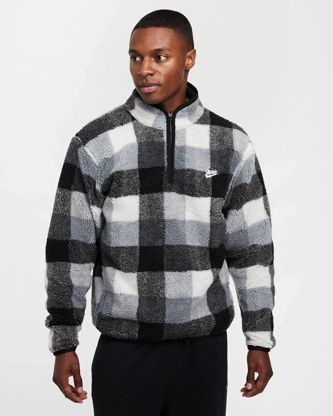 Nike Club Sweatshirt Mens Black White Plaid Fleece Winterized 1/2 Zip DSGL1 4