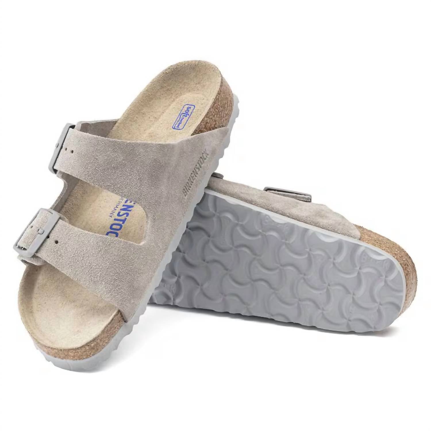 Arizona Soft Footbed Sandal In Stone Coin Suede Leather