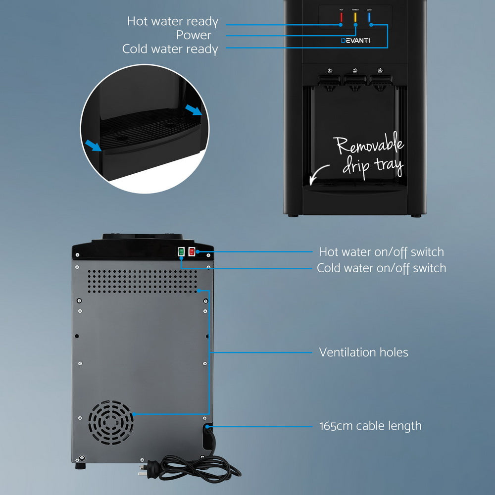22L Devanti Water Cooler Dispenser Bench Top 3 Taps Chiller Filter Purifier Three Taps Black