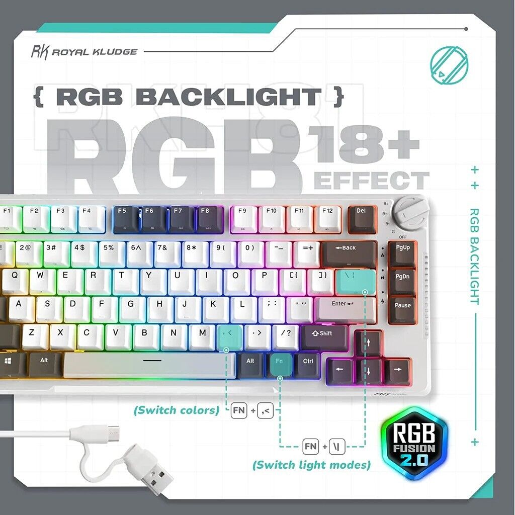 Royal Kludge RKH81 Tri Model RGB Hot Swap Mechanical Keyboard (White with Blue Switch)