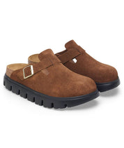 Unisex Boston Chunky Suede Leather Narrow Fit Clogs In Dark Tea Black