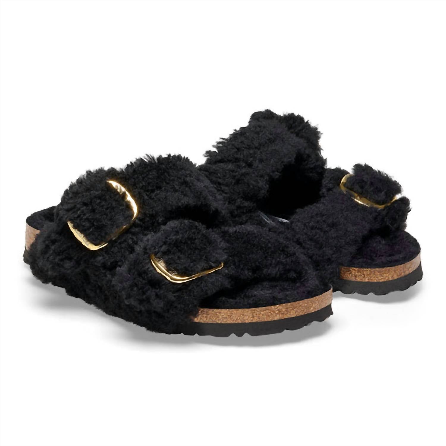 Women's Arizona Big Buckle Shearling Teddy Sandals In Black