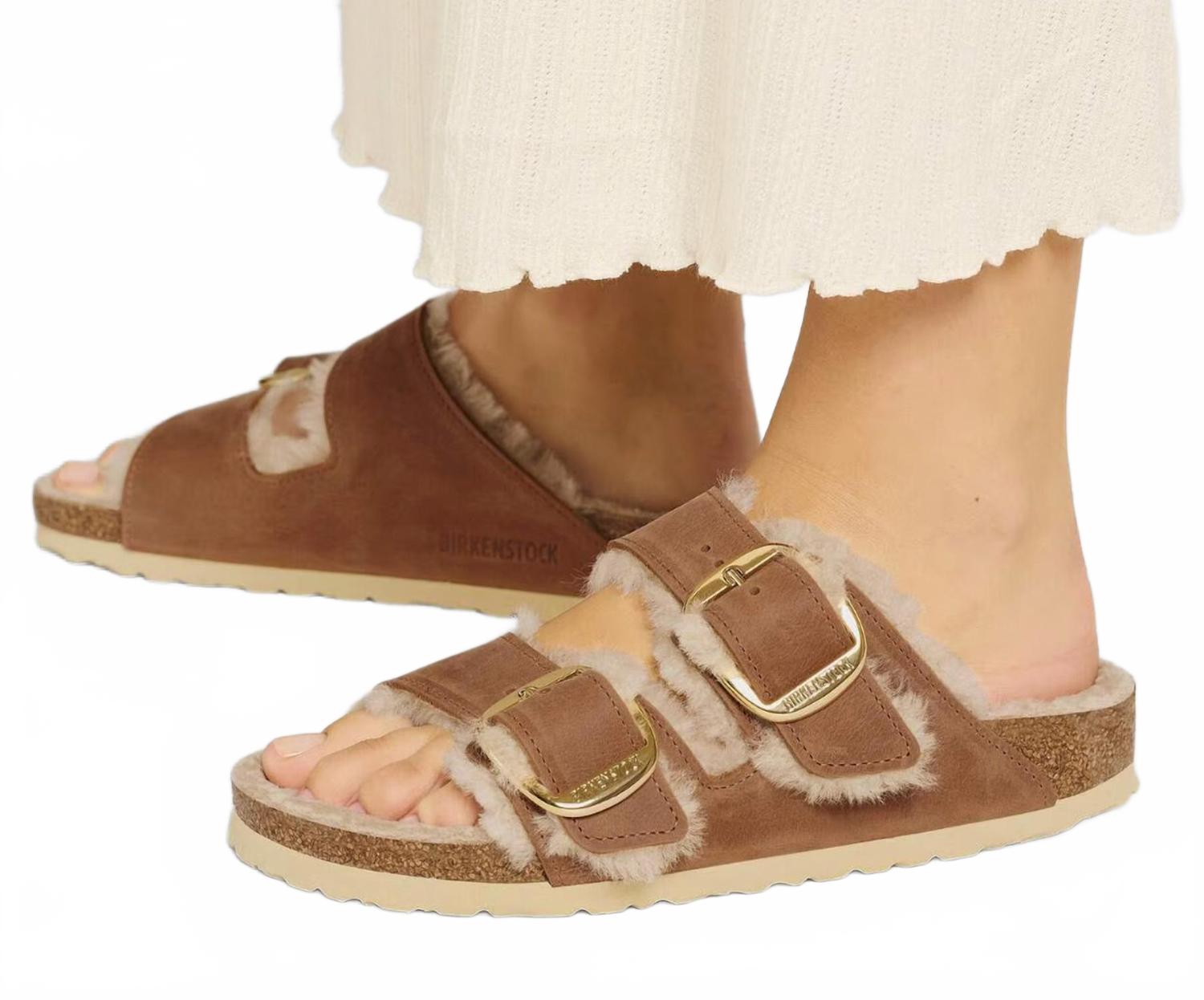 Women's Arizona Big Buckle Shearling Slippers In Cognac