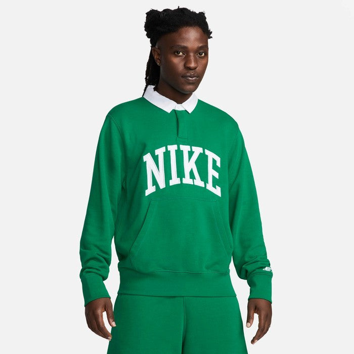 Men's Nike Club Fleece Polo Shirt Green Relaxed Fit Long Sleeve SRT378