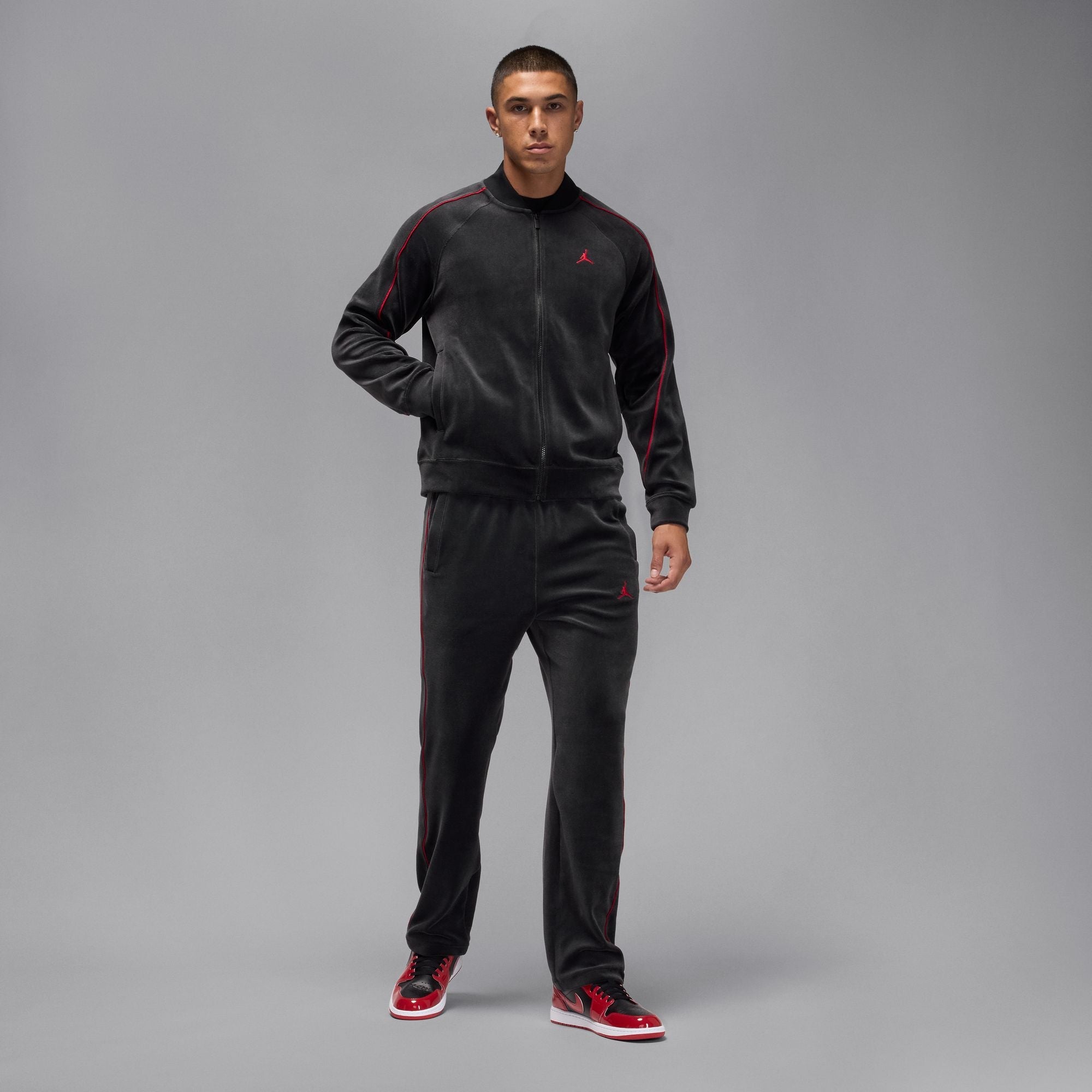 Men's Jordan Brooklyn Velour Track Jacket - Black/Gym Red
