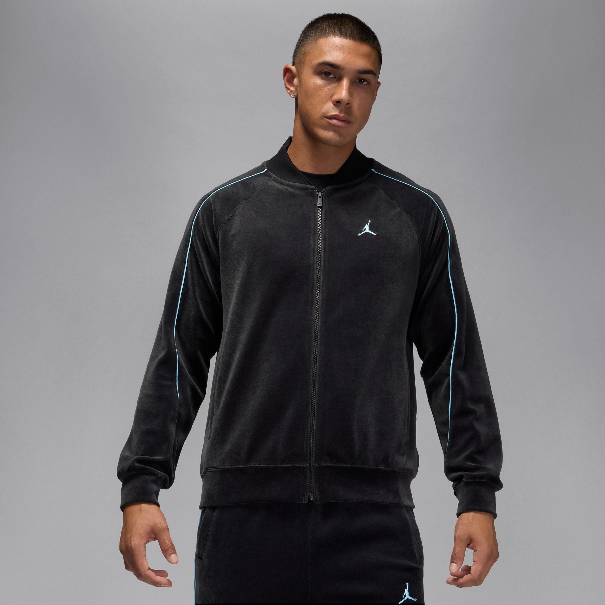 Men's Jordan Brooklyn Velour Track Jacket - Black/Blue Chill