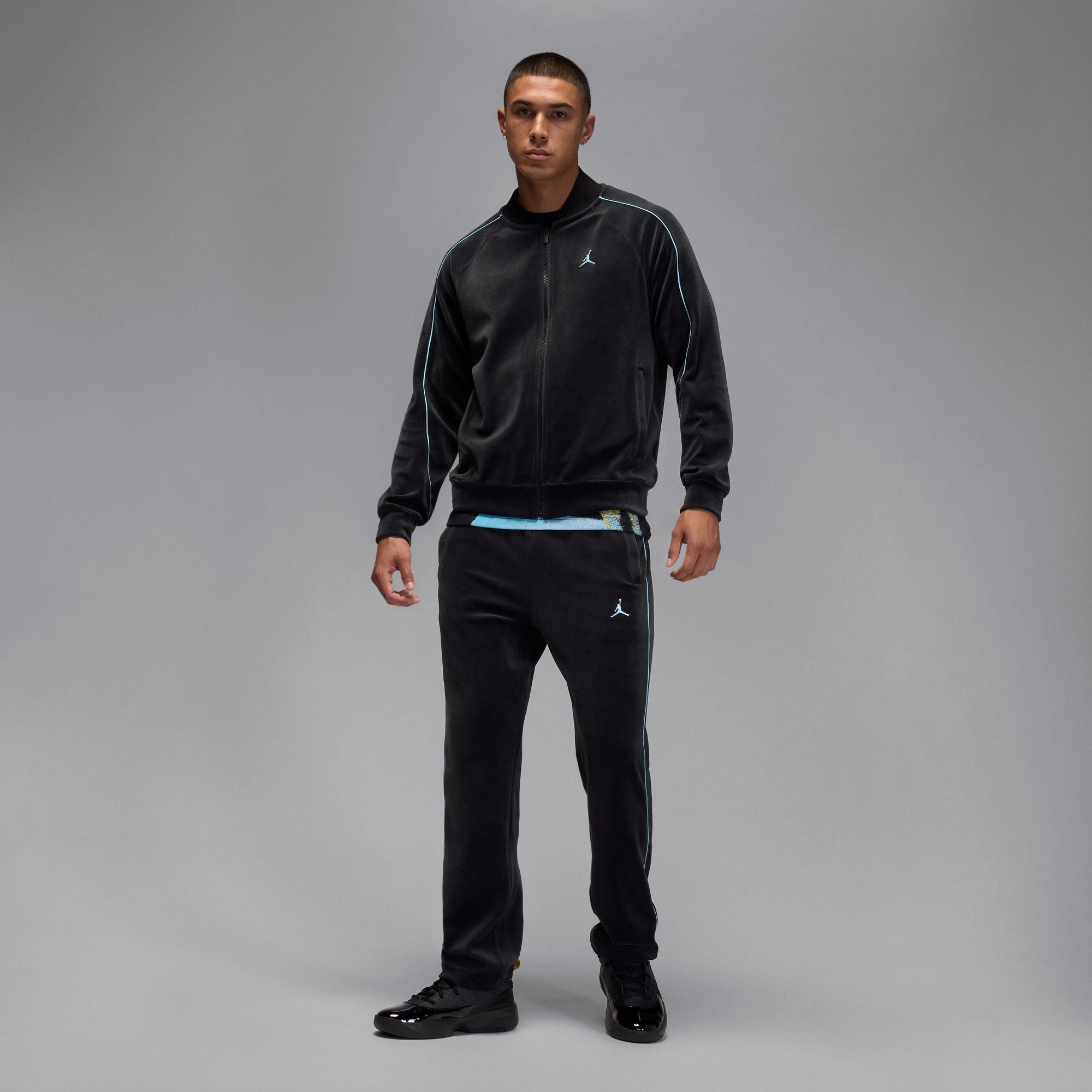 Men's Jordan Brooklyn Velour Track Jacket - Black/Blue Chill