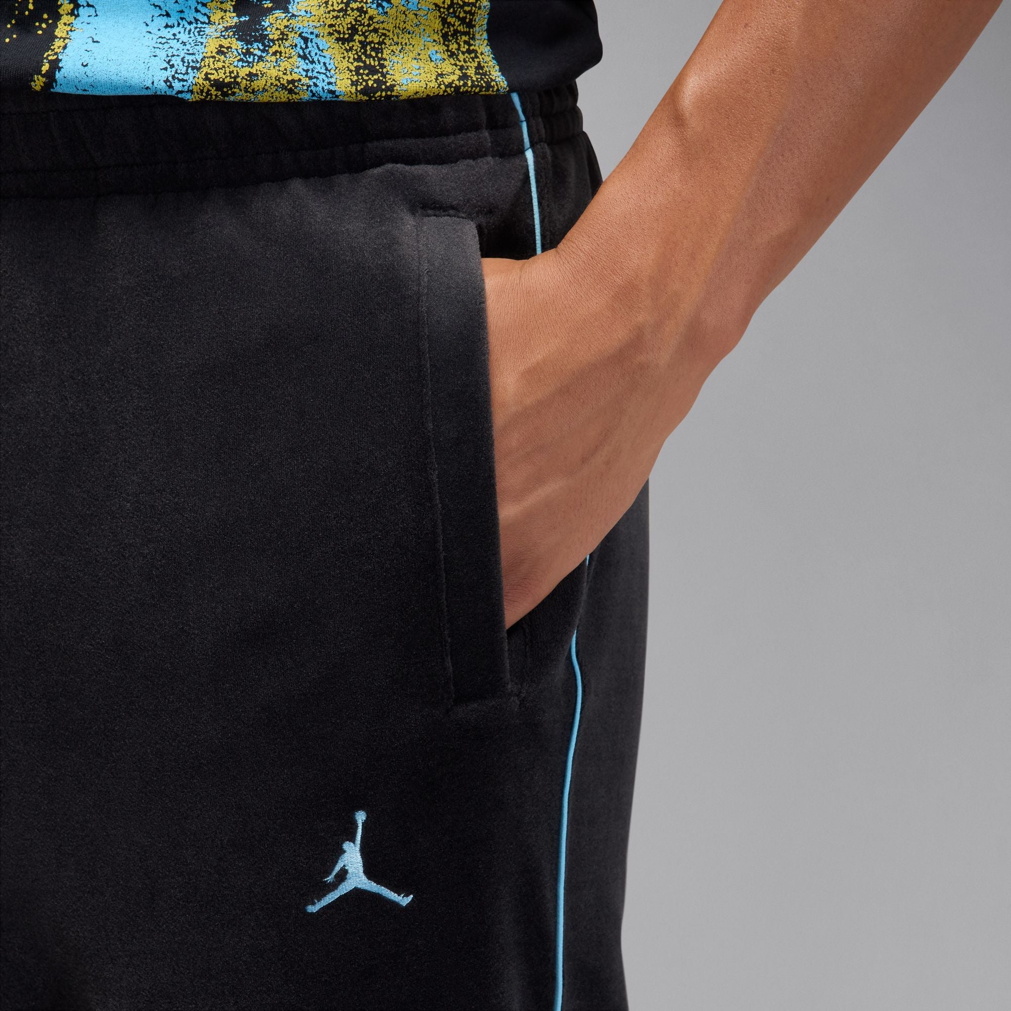 Men's Jordan Brooklyn Velour Track Pants - Black/Blue Chill