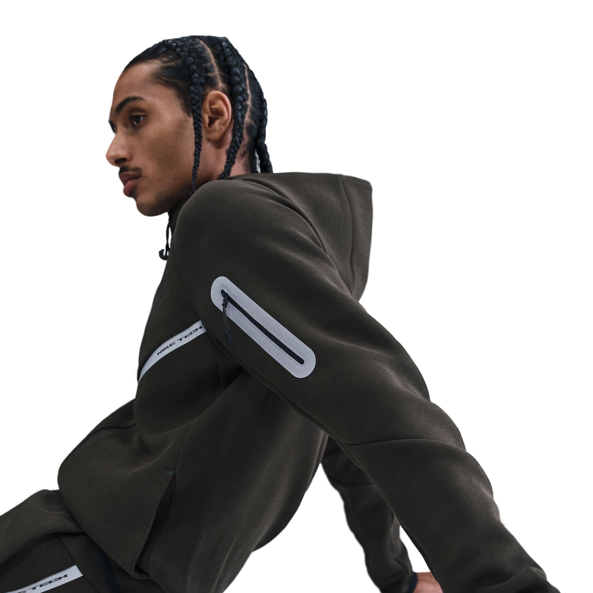 Men's Nike Tech Full-Zip Fleece Windrunner Jacket with Reflective Design Accents - Sequoia/Black