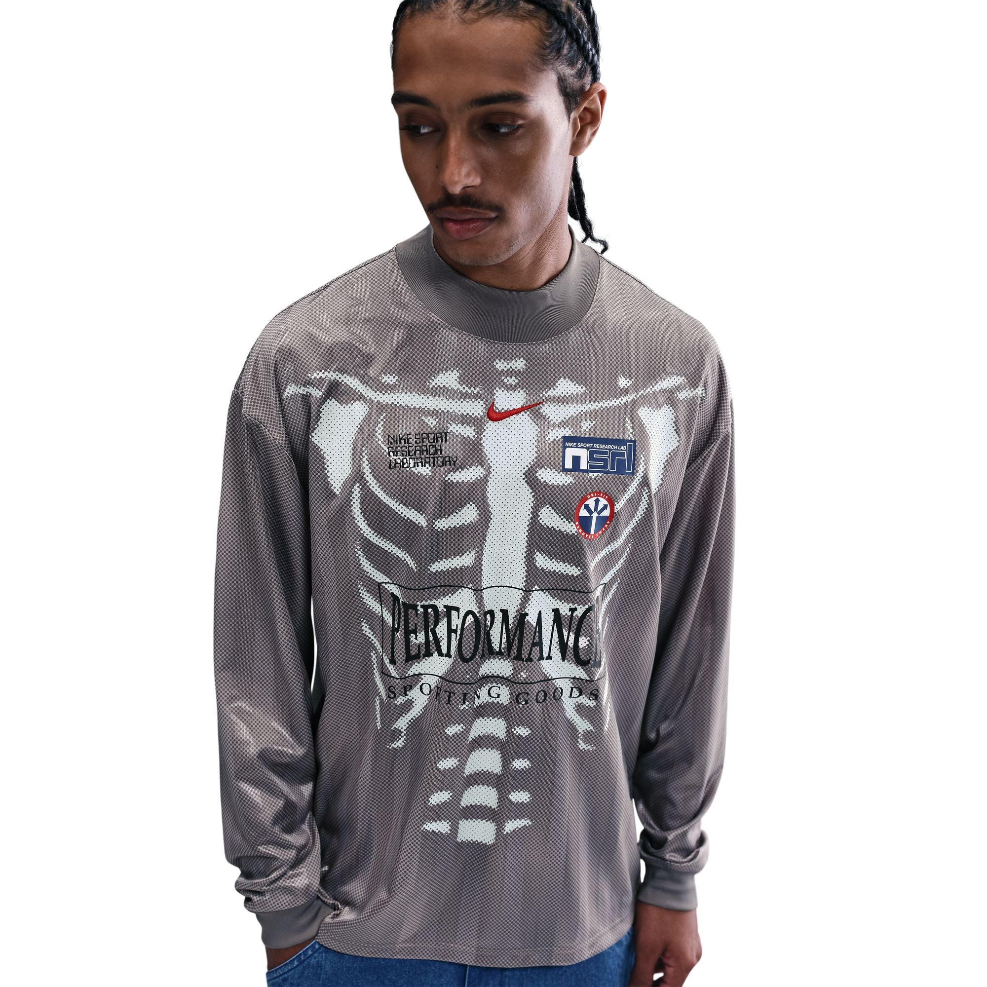 Men's Nike Dri-FIT Combine Performance Long-Sleeve Jersey T-Shirt - College Grey/Flat Pewter/University Red