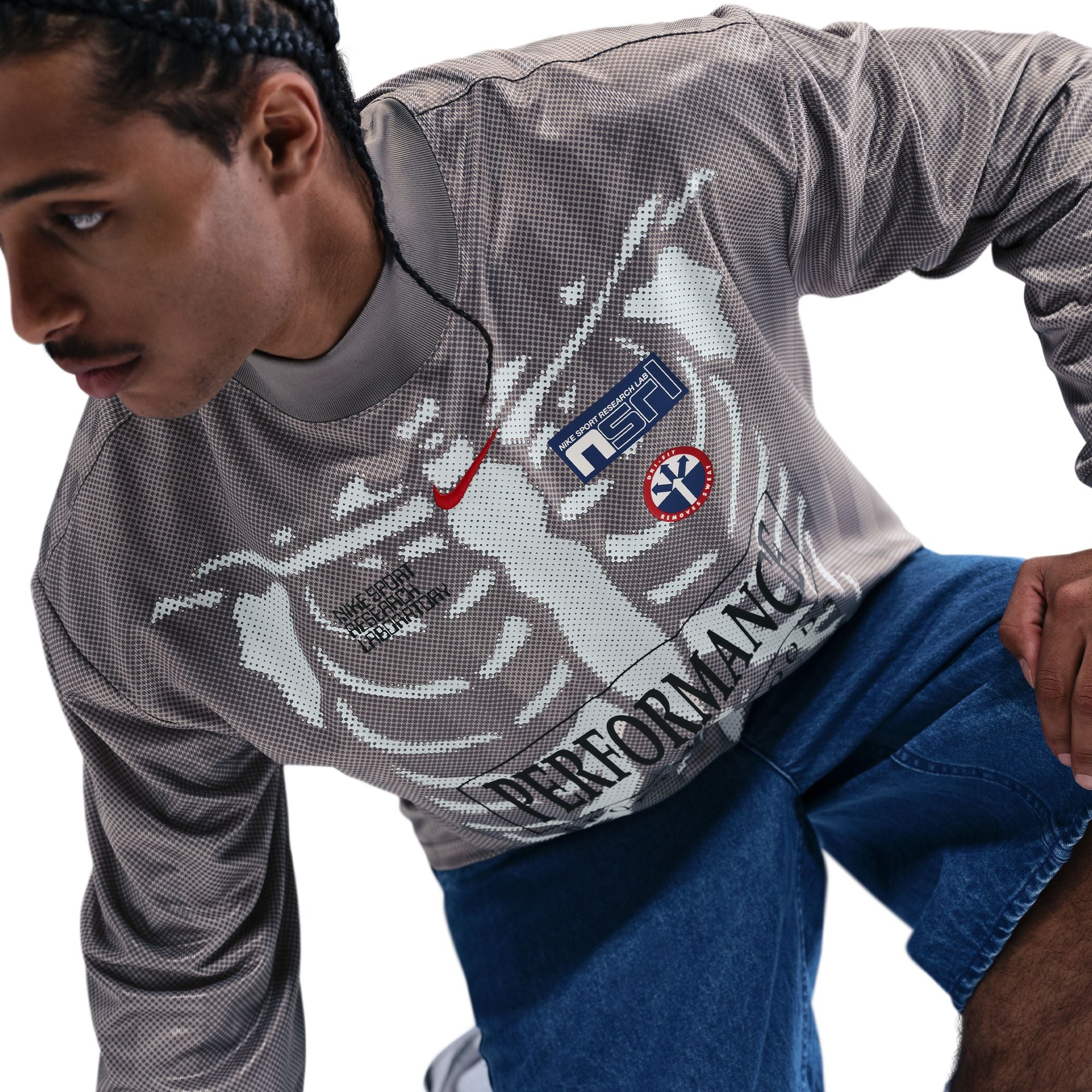 Men's Nike Dri-FIT Combine Performance Long-Sleeve Jersey T-Shirt - College Grey/Flat Pewter/University Red