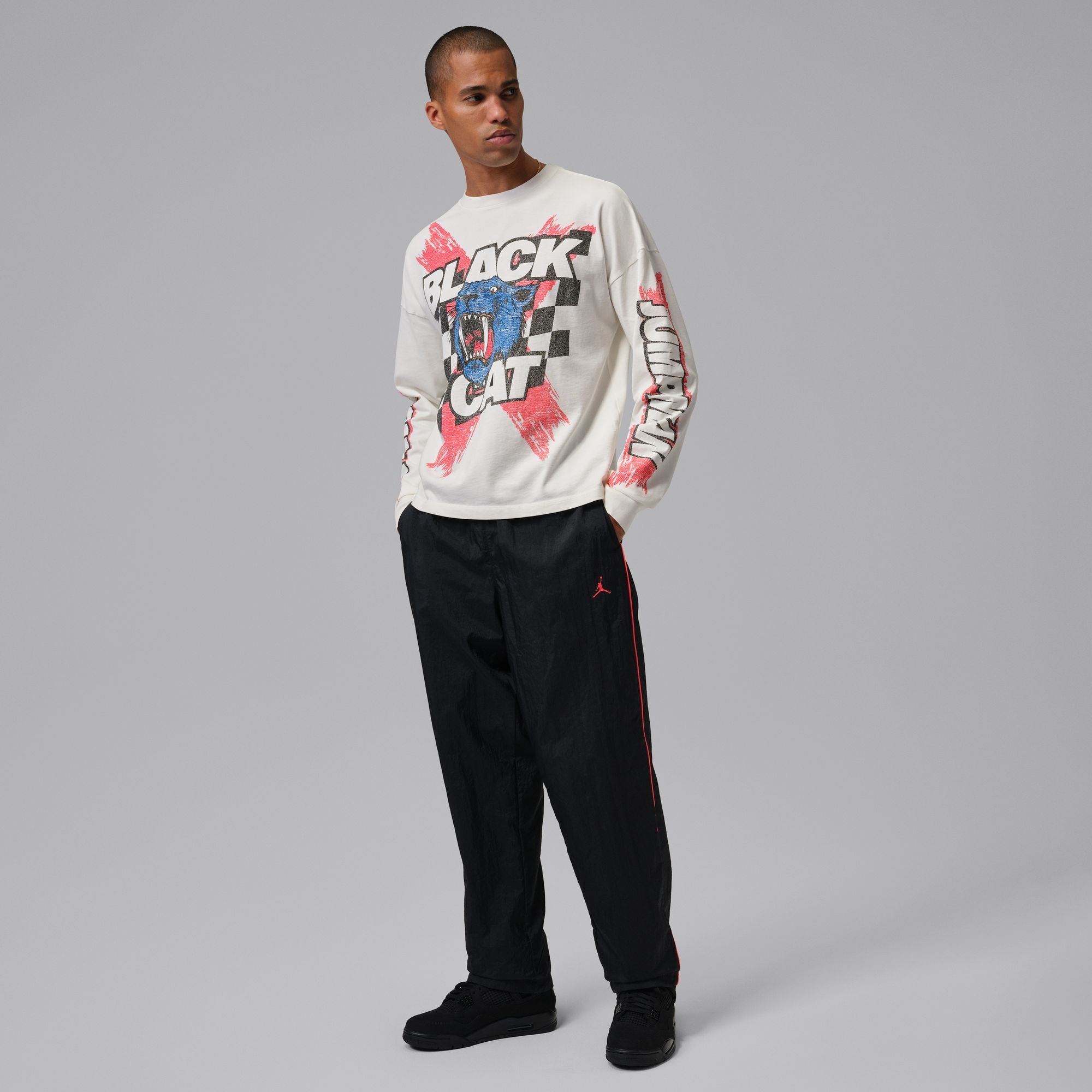 Men's Jordan Black Cat Oversized Long Sleeve T-Shirt - Ivory