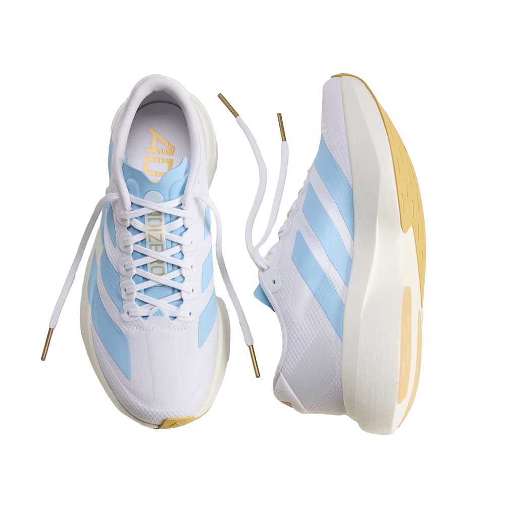Women's Adizero EVO SL Woven Running Shoe - Footwear White/Clear Blue/Matte Gold - Regular (B)