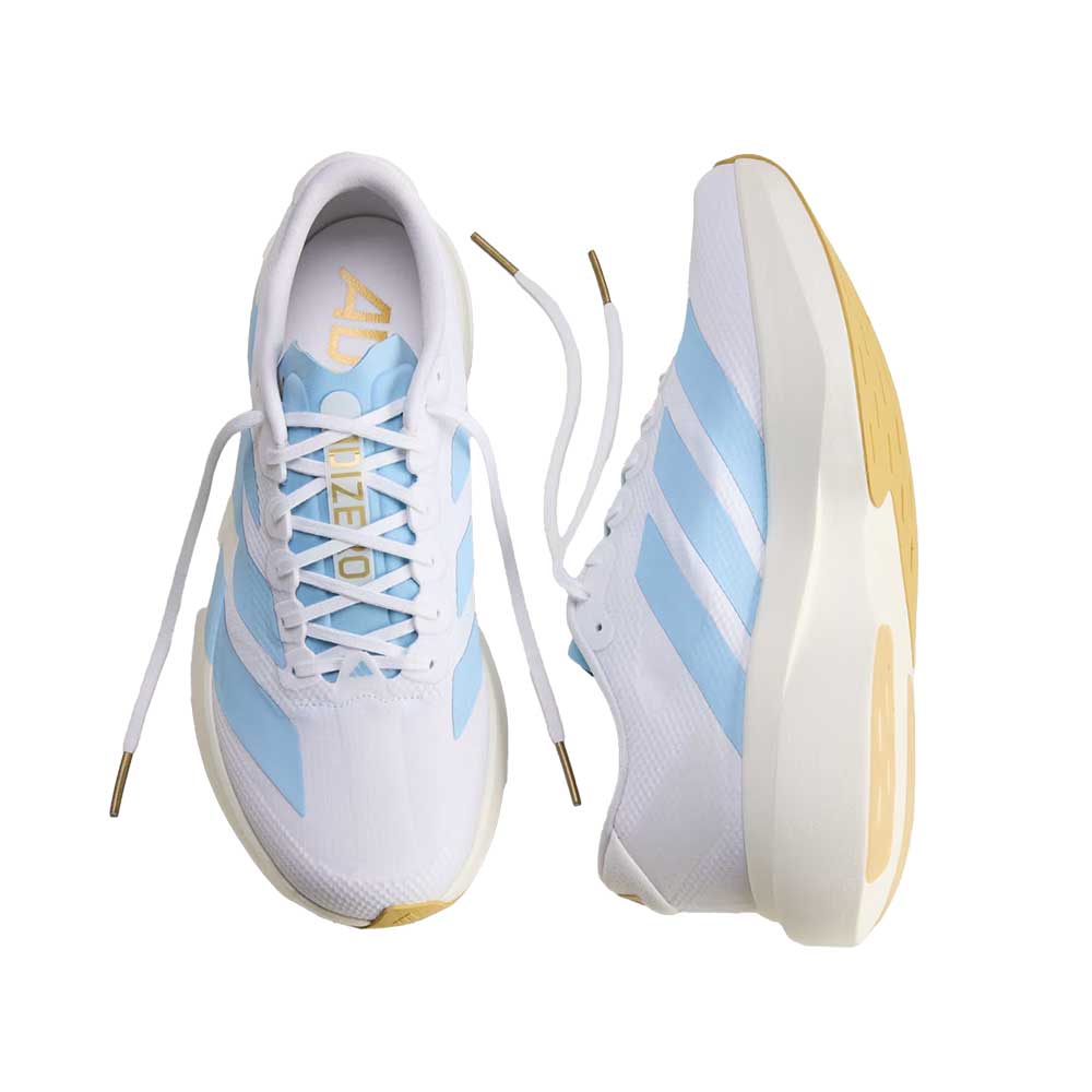 Men's Adizero EVO SL Woven Running Shoe - Footwear White/Clear Blue/Matte Gold - Regular (D)