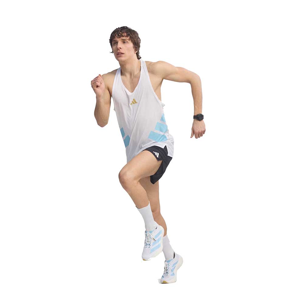 Men's Adizero EVO SL Woven Running Shoe - Footwear White/Clear Blue/Matte Gold - Regular (D)