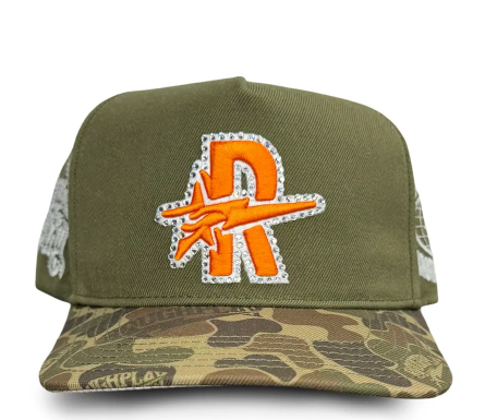 Men's Rough Play Camo Snapback Hat Olive/Orange may112026-camogrn