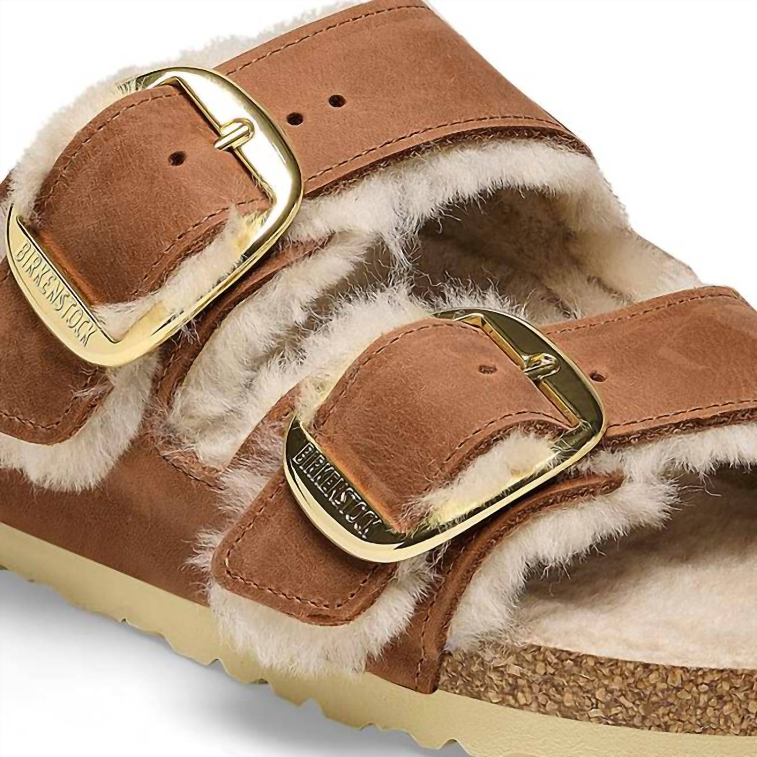 Women's Arizona Big Buckle Shearling Sandals In Cognac