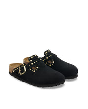 Slip-On Suede Clog with Gold Rivets and Adjustable Strap