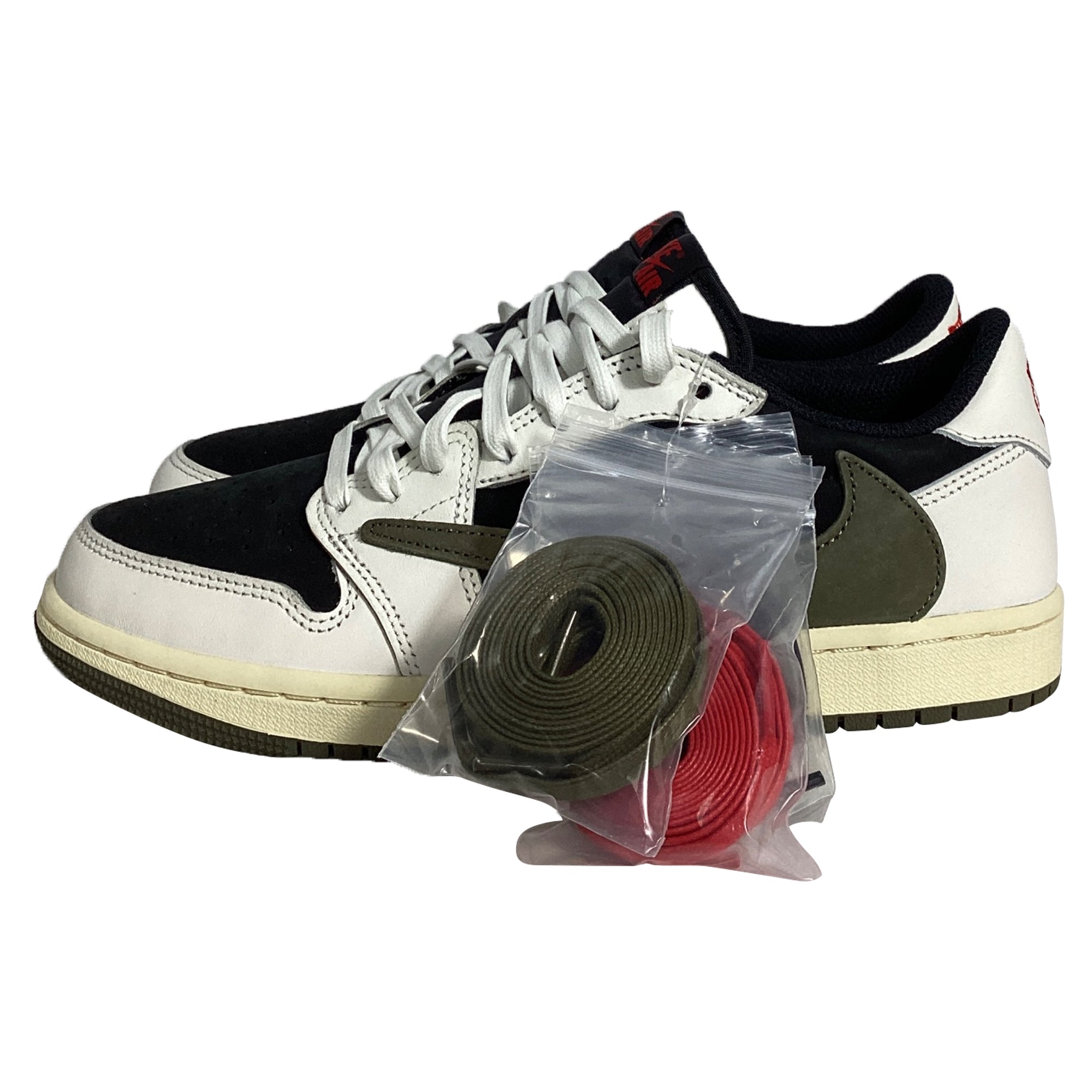 Nike Jordan 1 Retro Low OG SP in Travis Scott Olive, Black, and White Suede and Leather