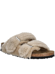 Slip-On Shearling Sandals with Contoured Cork Footbed
