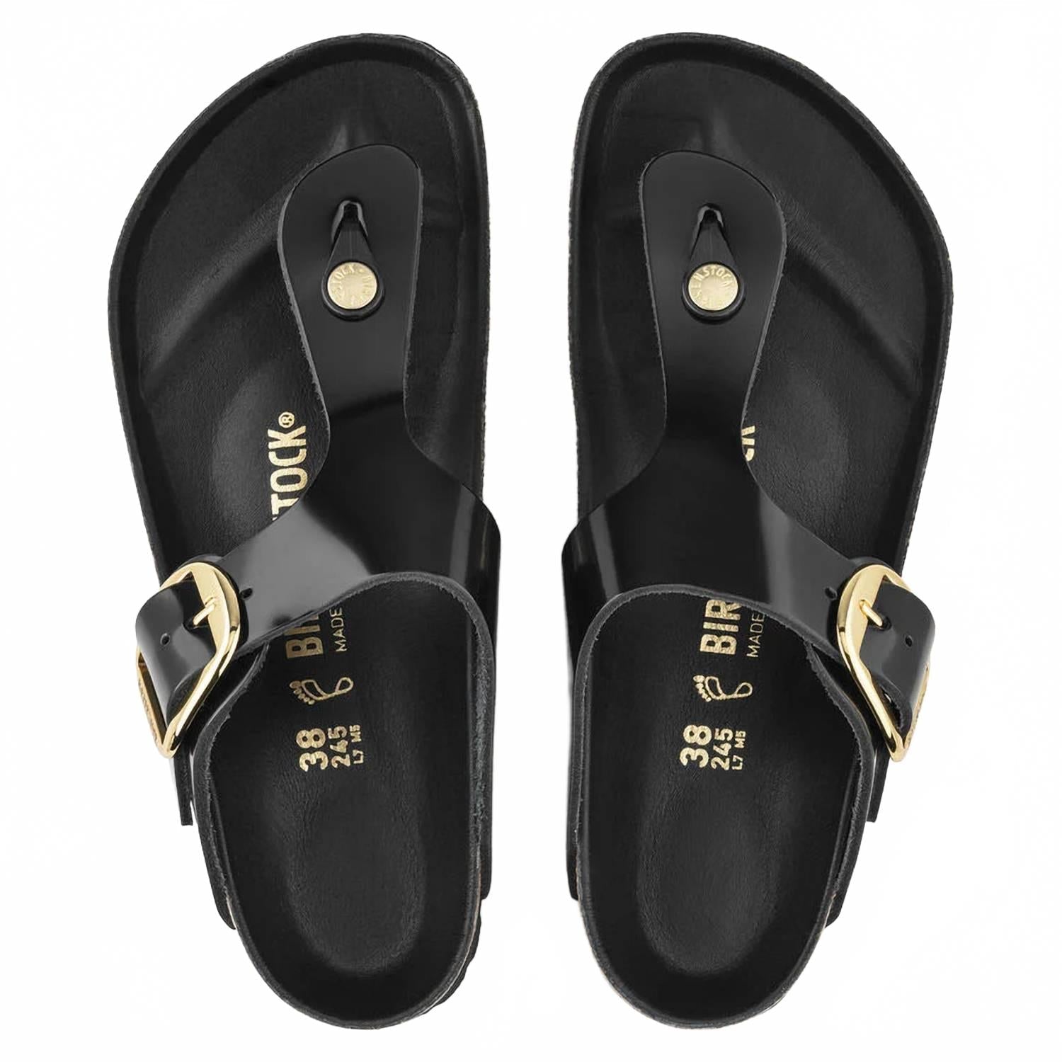 Unisex Gizeh Big Buckle Sandal In High Shine Black