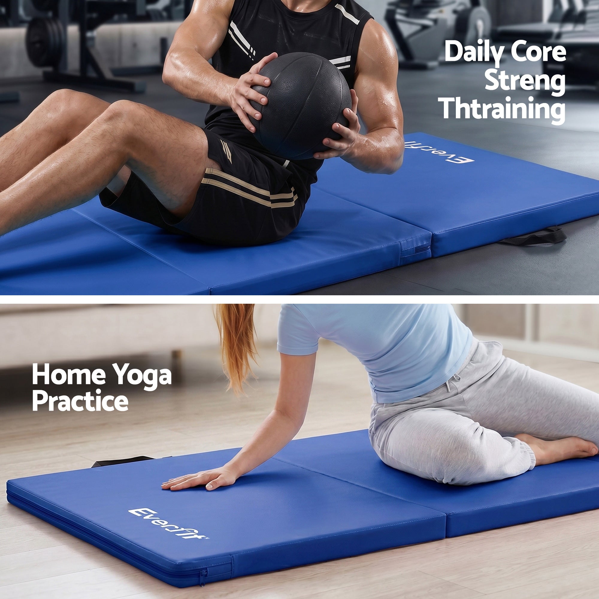 Everfit Gymnastics Mats Folding Exercise Floor Mat Portable 3 Fold Tumbling Mat Blue