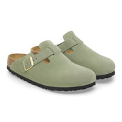 Unisex Boston Suede Narrow Leather Clogs In Green Tea