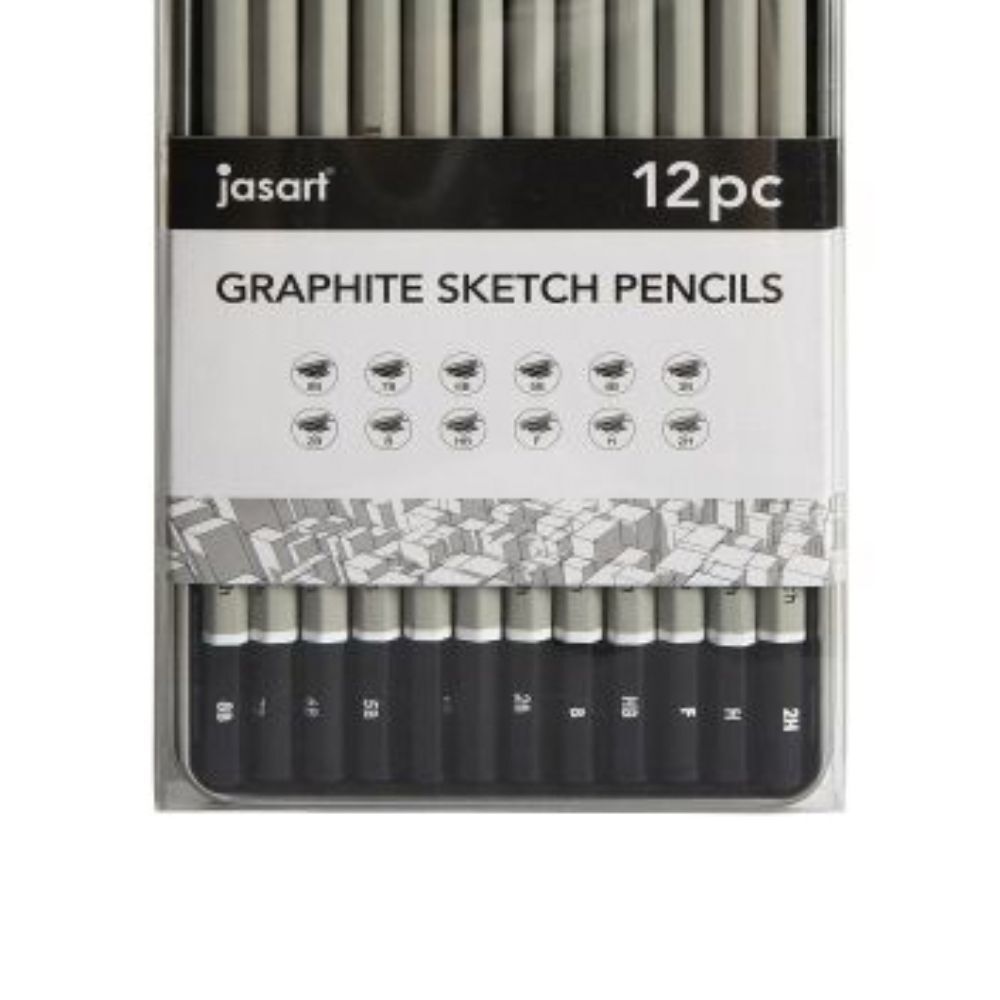 12pc Jasart Studio Graphite Sketch Pencil Tin Set - Grey