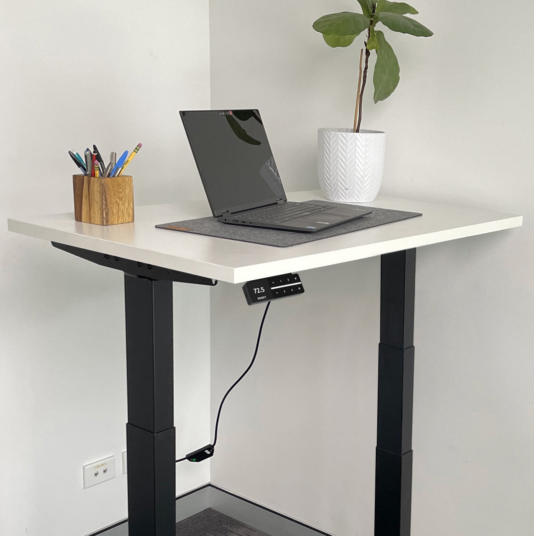 Desky Dual Mini Sit Stand Desk 900 x 500 White Desktop and Space Grey Frame