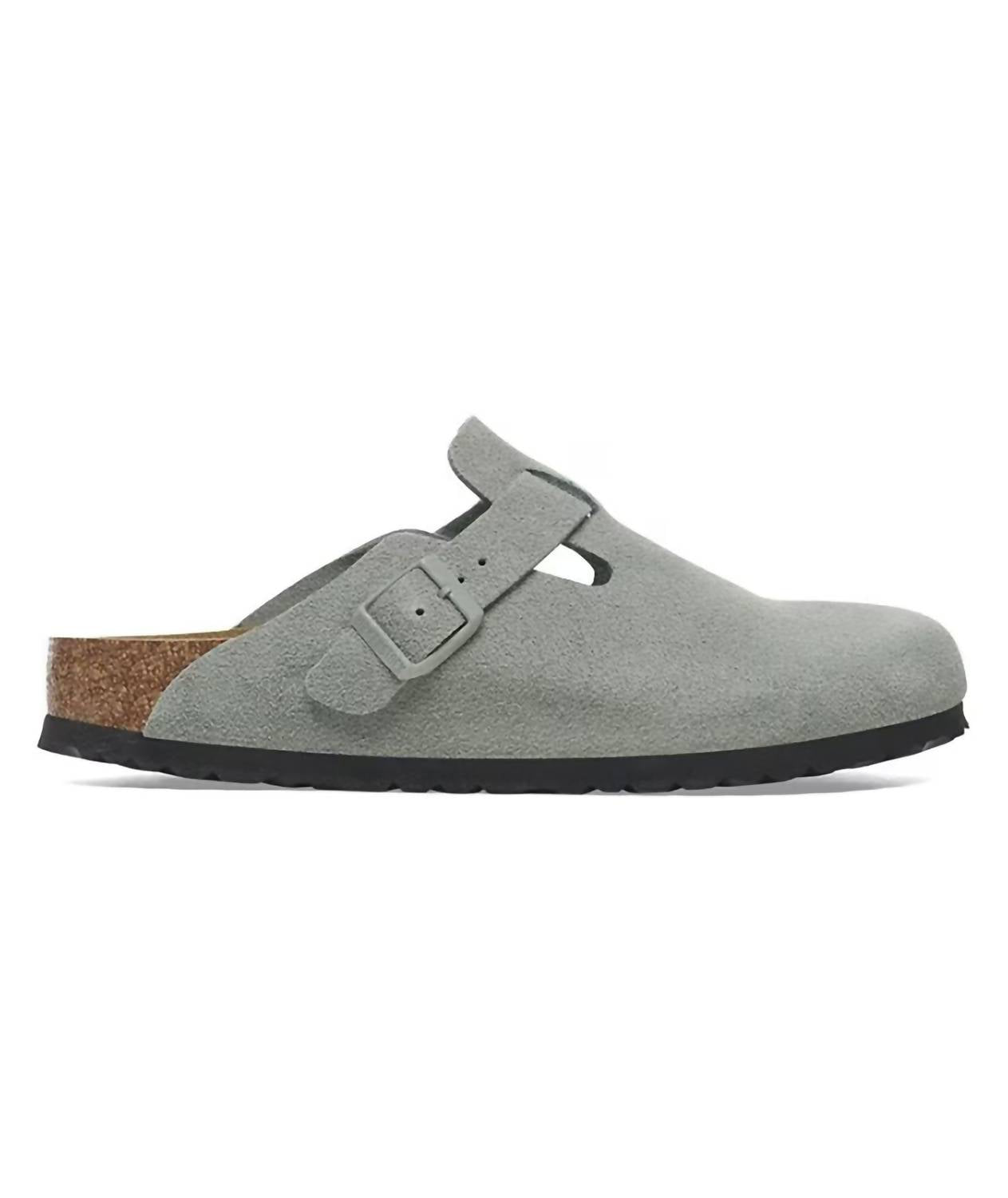 Unisex Boston Soft Footbed Suede Leather Narrow Fit Clogs In Pure Sage