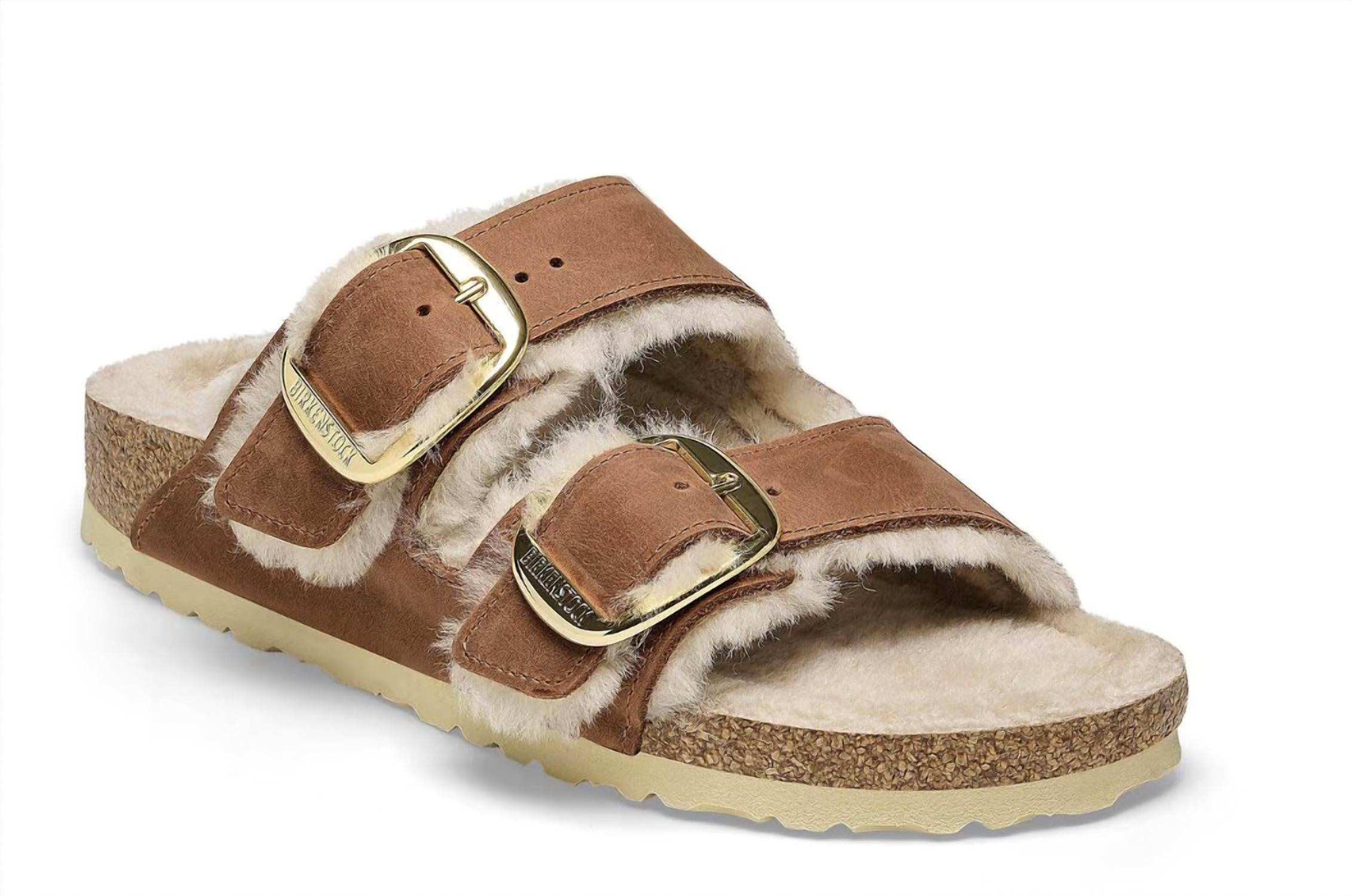 Women's Arizona Big Buckle Shearling Slippers In Cognac