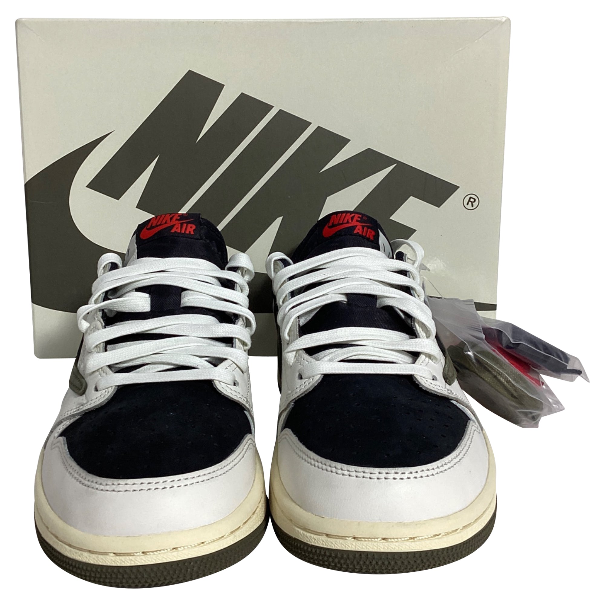 Nike Jordan 1 Retro Low OG SP in Travis Scott Olive, Black, and White Suede and Leather