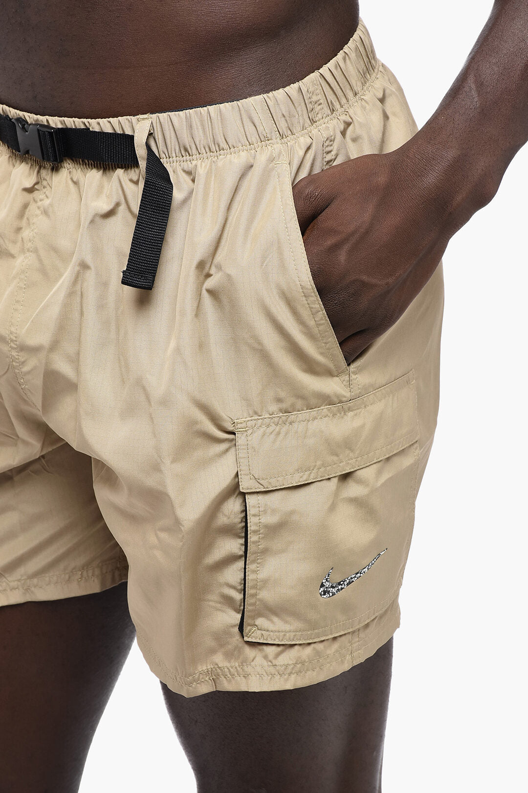Solid-Color Cargo Boxer Swim Shorts with Industrial Belt