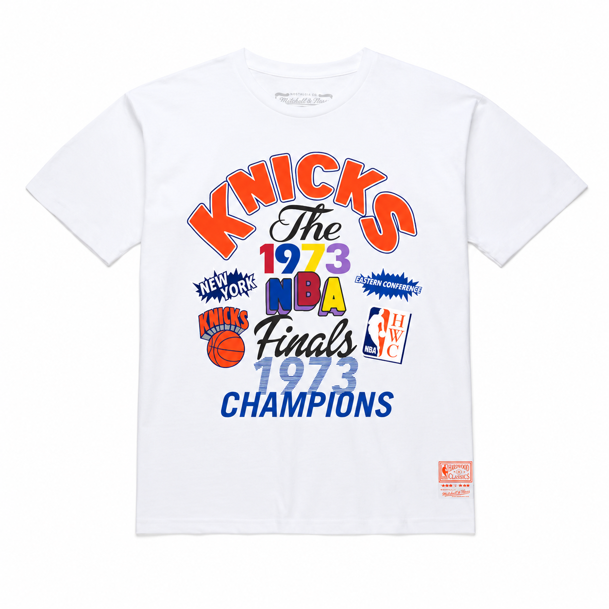 Men's Mitchell & Ness New York Knicks White 1973 NBA Finals Champions Fest T-Shirt TP16056-WHIT