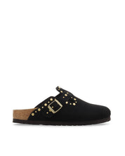 Slip-On Suede Clog with Gold Rivets and Adjustable Strap
