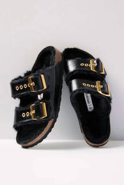 Women's Arizona Shearling Patent Sandal In Black