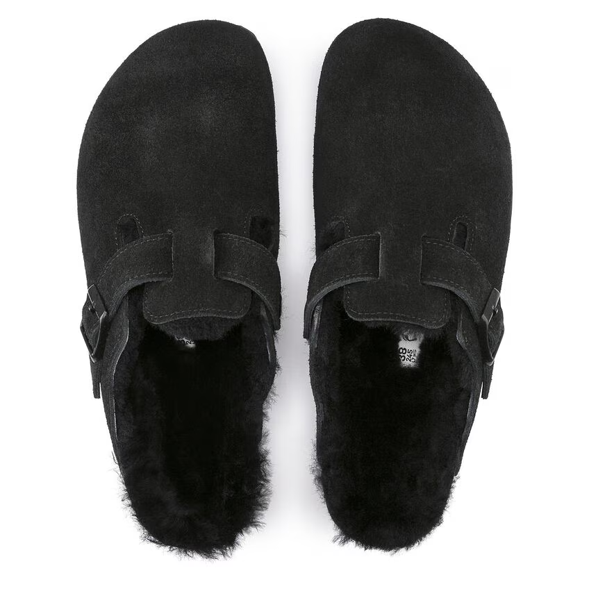 Unisex Birkenstock Boston Clogs US 7-7.5 Black Shearling Suede Leather KHD1747