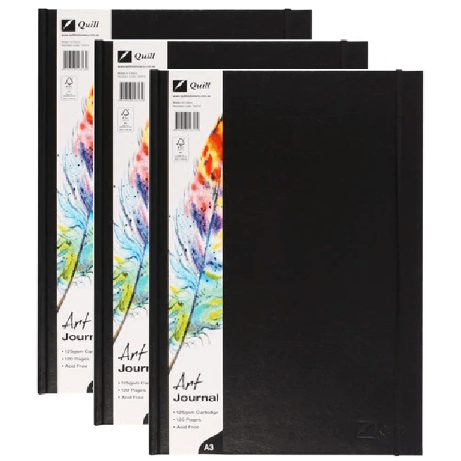 3 Pack Quill Art Journal Diary Hard Cover 125GSM 120 Pages A3 Black
