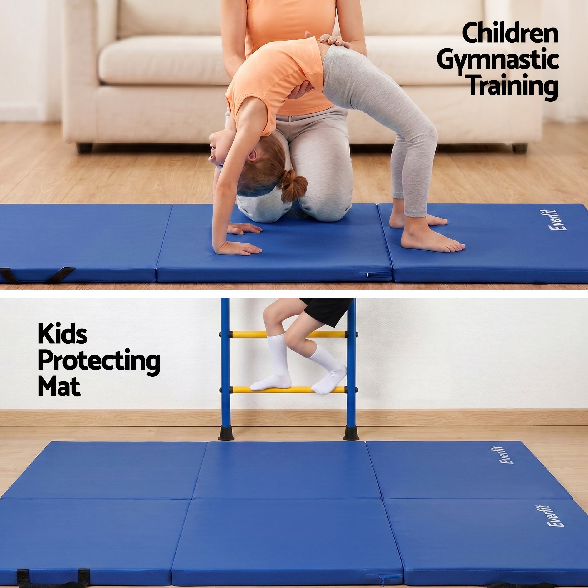 Everfit Gymnastics Mats Folding Exercise Floor Mat Portable 3 Fold Tumbling Mat Blue