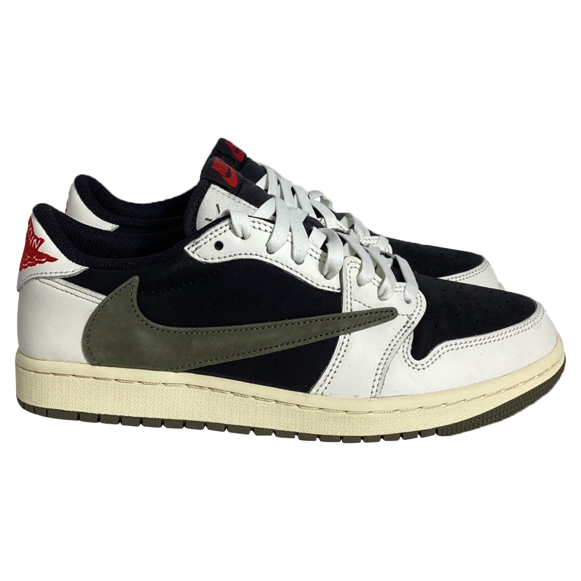 Nike Jordan 1 Retro Low OG SP in Travis Scott Olive, Black, and White Suede and Leather