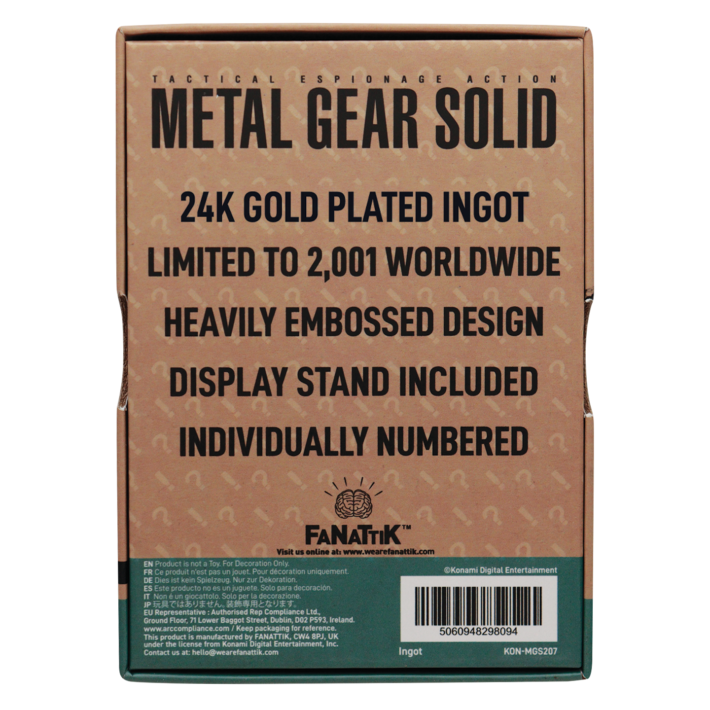 Fanattik Limited Edition Metal Gear Solid 2 24k Gold Plated Snake Ingot