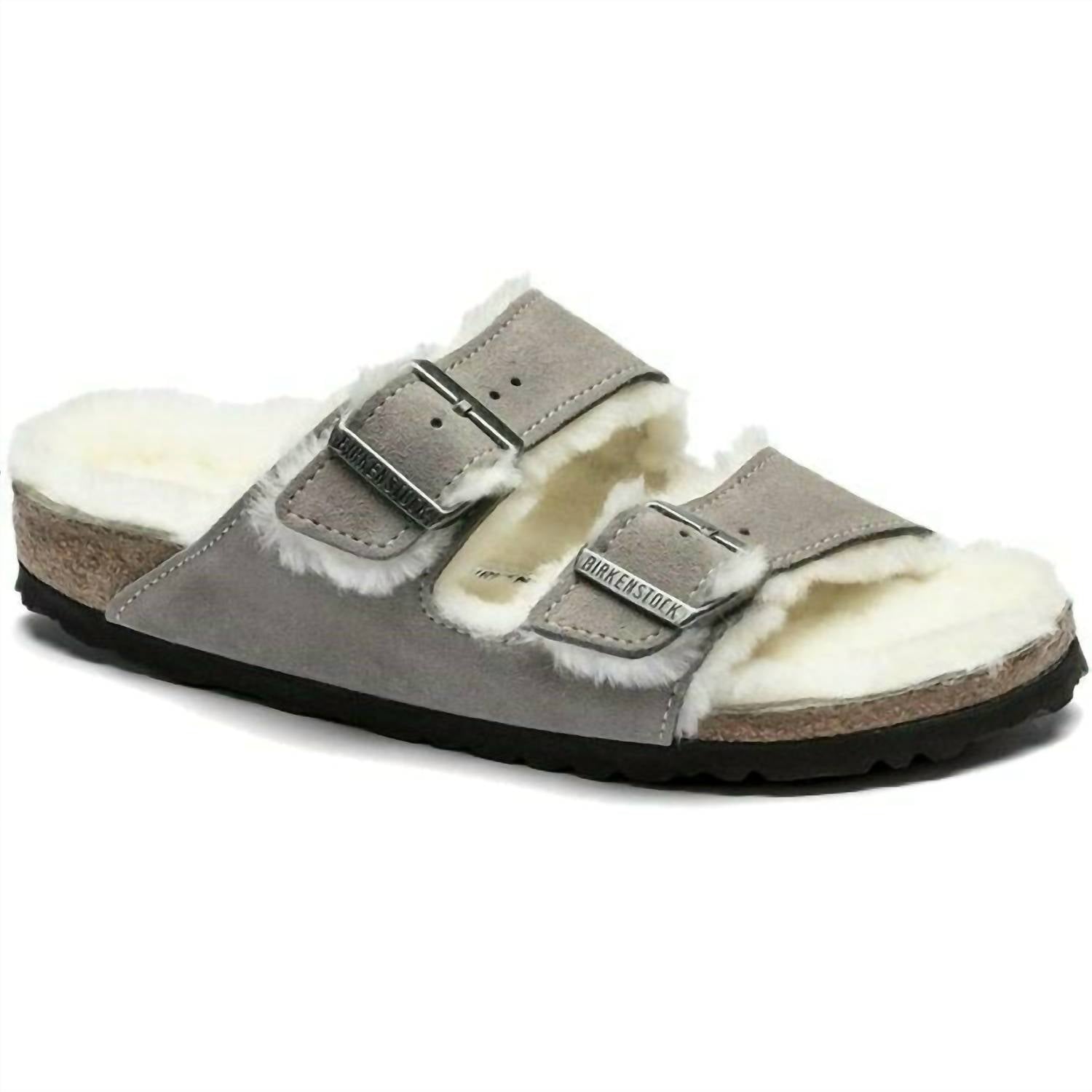 Women's Arizona Shearling Suede Leather Sandals - Narrow In Stone Coin