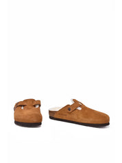 Brown Suede Shearling Mules