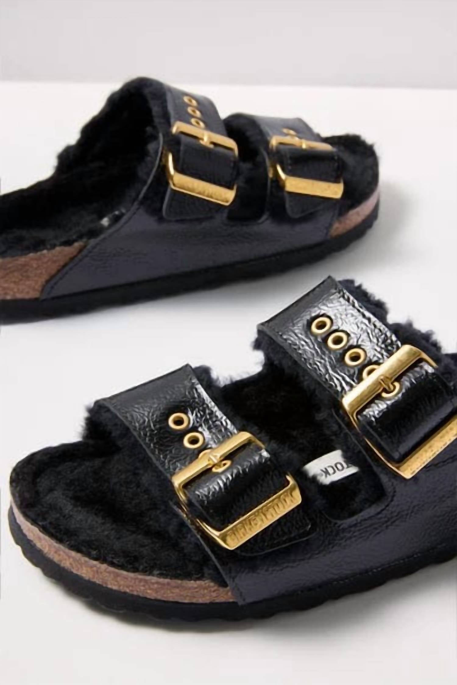 Women's Arizona Shearling Patent Sandal In Black