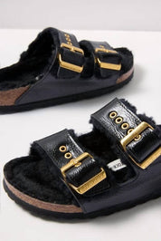 Women's Arizona Shearling Patent Sandal In Black