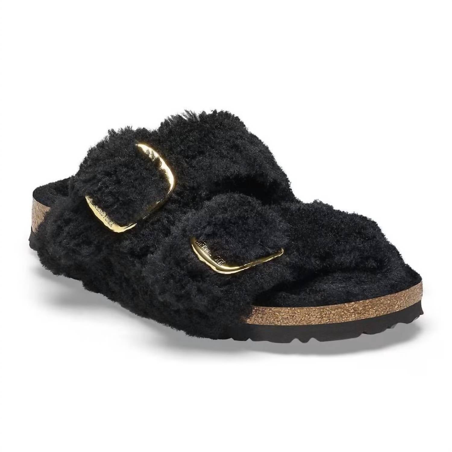 Women's Arizona Big Buckle Shearling Sandals Narrow In Teddy Black