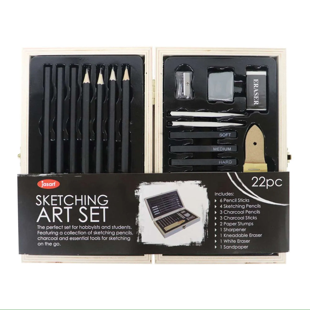 22pc Jasart Pencil/Charcoal Sketching Set w/ Wooden Travel Box